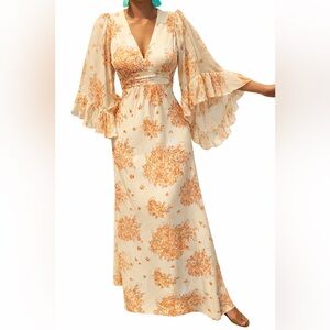 Vintage 1970s Boho Bell Sleeve Goldie Flower Dress fits s/m